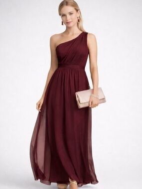 J Crew Kylie Silk Chiffon Burgundy Elegant One-Shoulder Maxi Dress